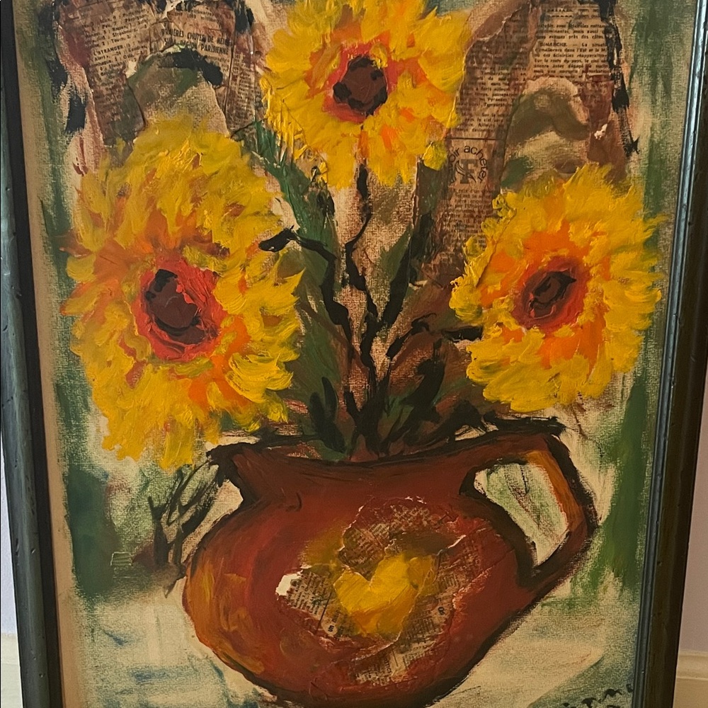 Sunflower Art Mixed Media Painting in Dark Green Frame ~ Etienne 1973 Rare art - Picture 2 of 16